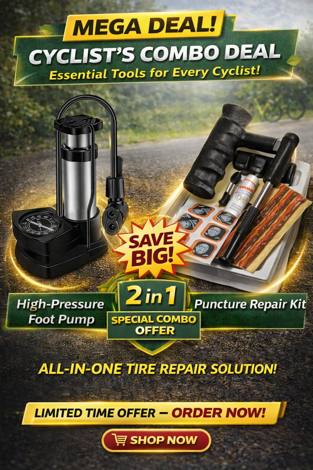 Cycle Guru" Cyclist Rescue Deal — Portable Foot Pump with Complete Puncture Kit