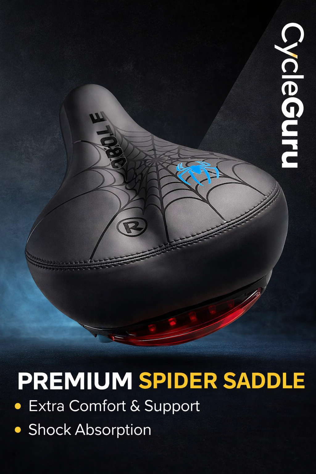 CycleGuru Premium Spider Saddle – Extra Comfort Seat with Tail Light & Shock Absorption