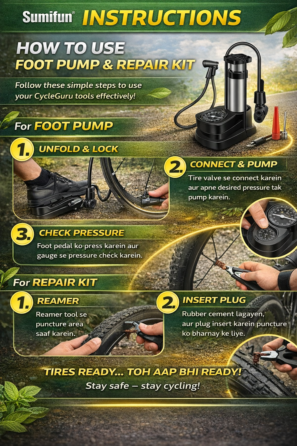 Cycle Guru" Cyclist Rescue Deal — Portable Foot Pump with Complete Puncture Kit