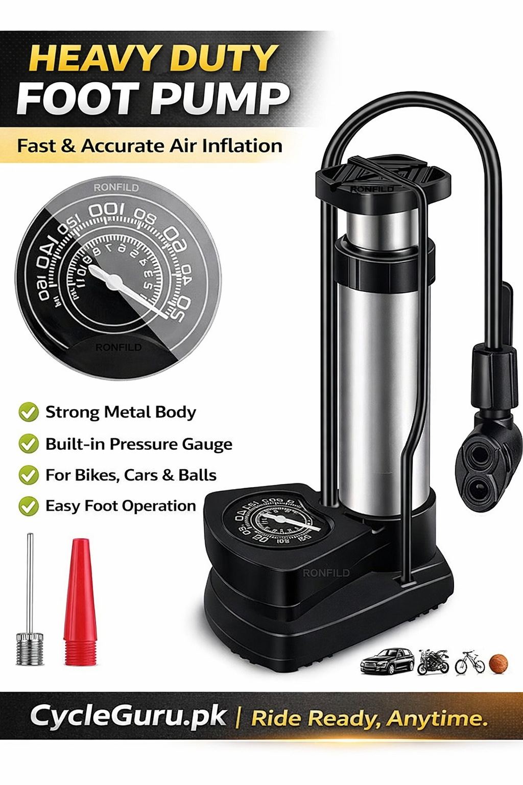 Cycle Guru" Portable Inflator Foot Pumo With Guage